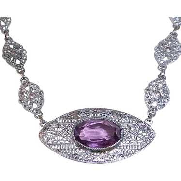 Sterling Filigree Art Deco Necklace w Purple Paste