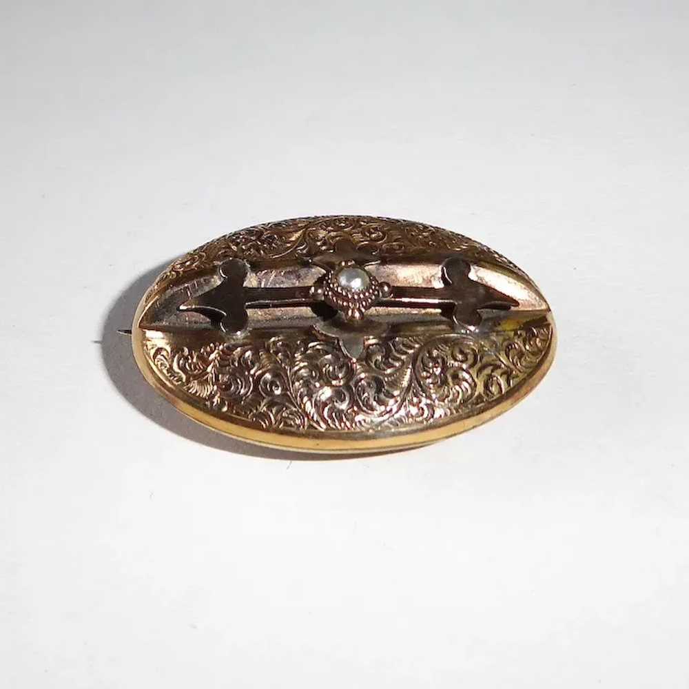 10K Victorian Engraved Gold Top Watch Pin w Natur… - image 10