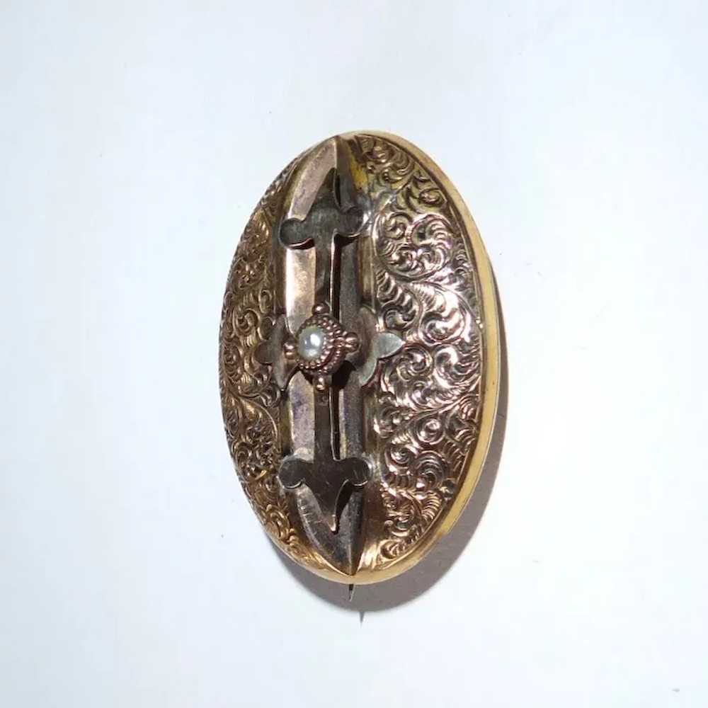 10K Victorian Engraved Gold Top Watch Pin w Natur… - image 11