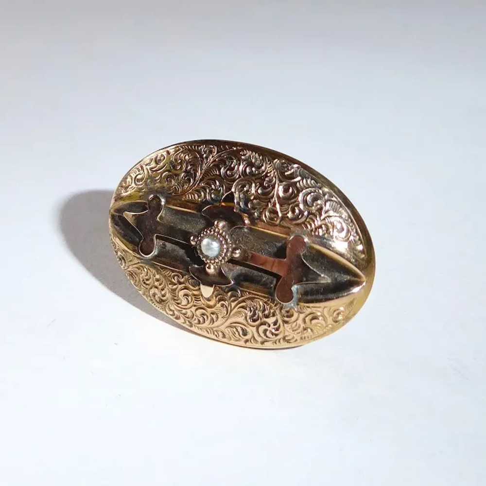 10K Victorian Engraved Gold Top Watch Pin w Natur… - image 2