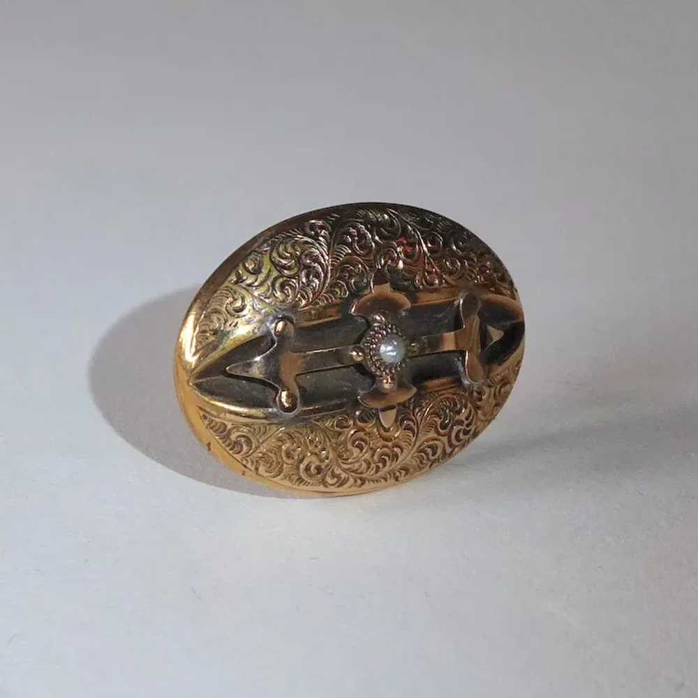 10K Victorian Engraved Gold Top Watch Pin w Natur… - image 4