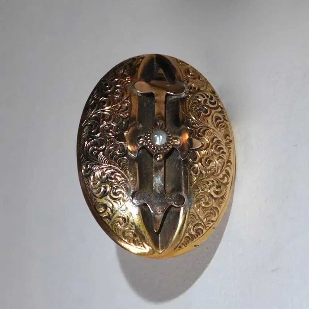10K Victorian Engraved Gold Top Watch Pin w Natur… - image 5