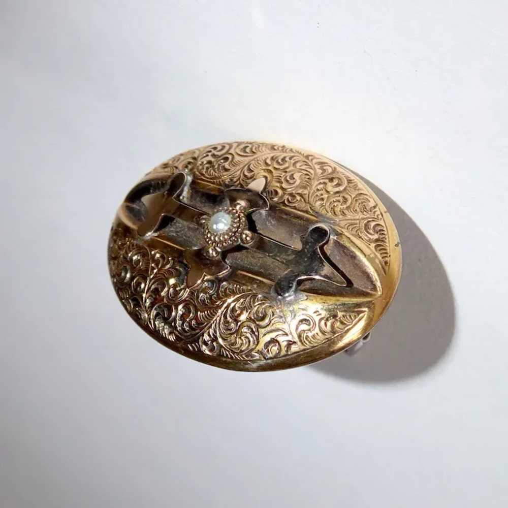 10K Victorian Engraved Gold Top Watch Pin w Natur… - image 6