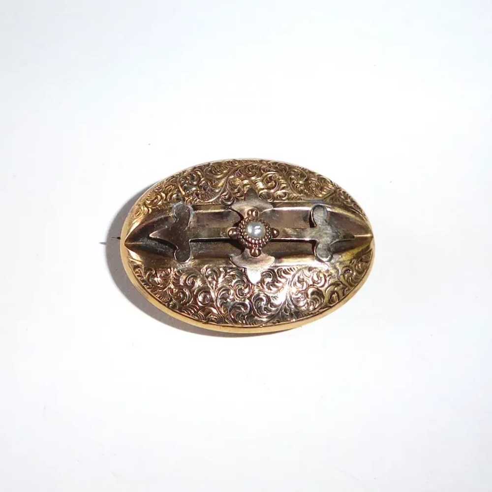 10K Victorian Engraved Gold Top Watch Pin w Natur… - image 9