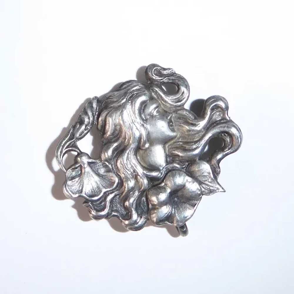 Art Nouveau Sterling Watch Pin Woman w Flowers - image 10