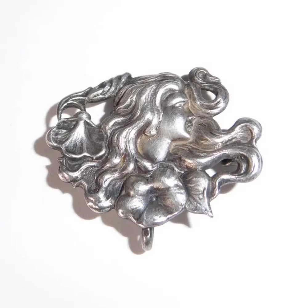 Art Nouveau Sterling Watch Pin Woman w Flowers - image 12