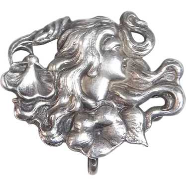 Art Nouveau Sterling Watch Pin Woman w Flowers - image 1