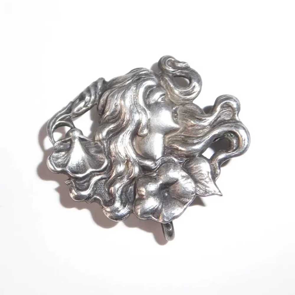 Art Nouveau Sterling Watch Pin Woman w Flowers - image 2