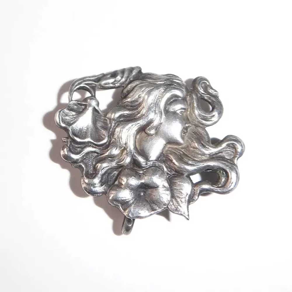 Art Nouveau Sterling Watch Pin Woman w Flowers - image 4