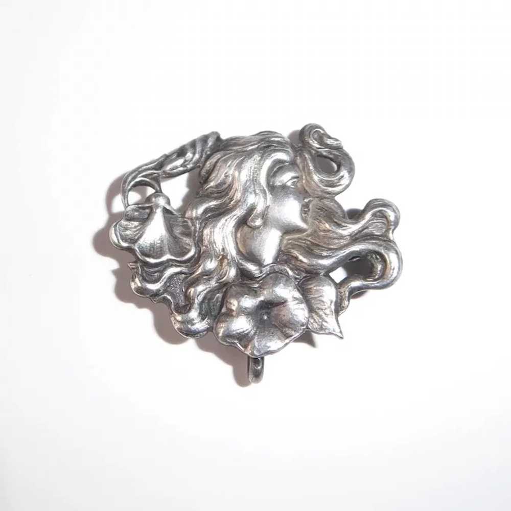 Art Nouveau Sterling Watch Pin Woman w Flowers - image 5