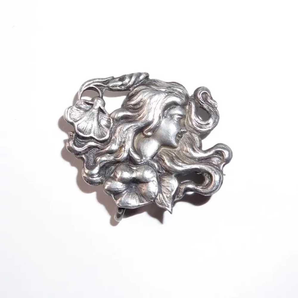 Art Nouveau Sterling Watch Pin Woman w Flowers - image 6