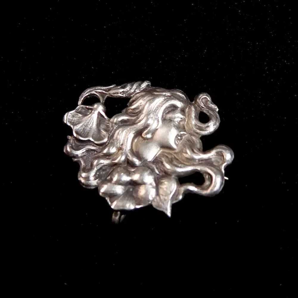 Art Nouveau Sterling Watch Pin Woman w Flowers - image 9