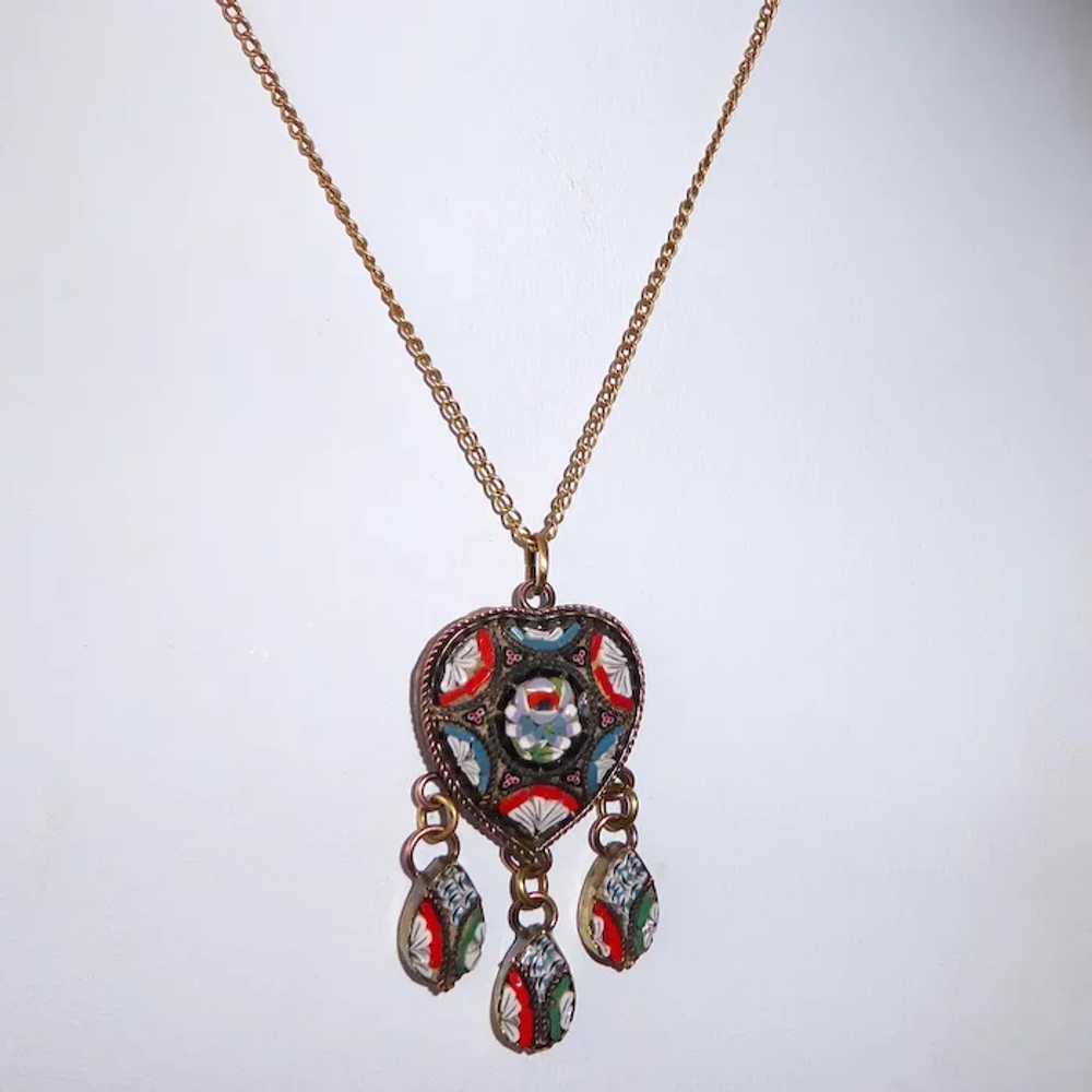 Italian Heart Mosaic Brass Pendant Necklace w 3 D… - image 10