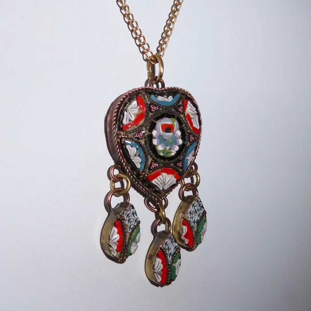 Italian Heart Mosaic Brass Pendant Necklace w 3 D… - image 12