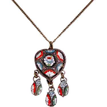 Italian Heart Mosaic Brass Pendant Necklace w 3 D… - image 1