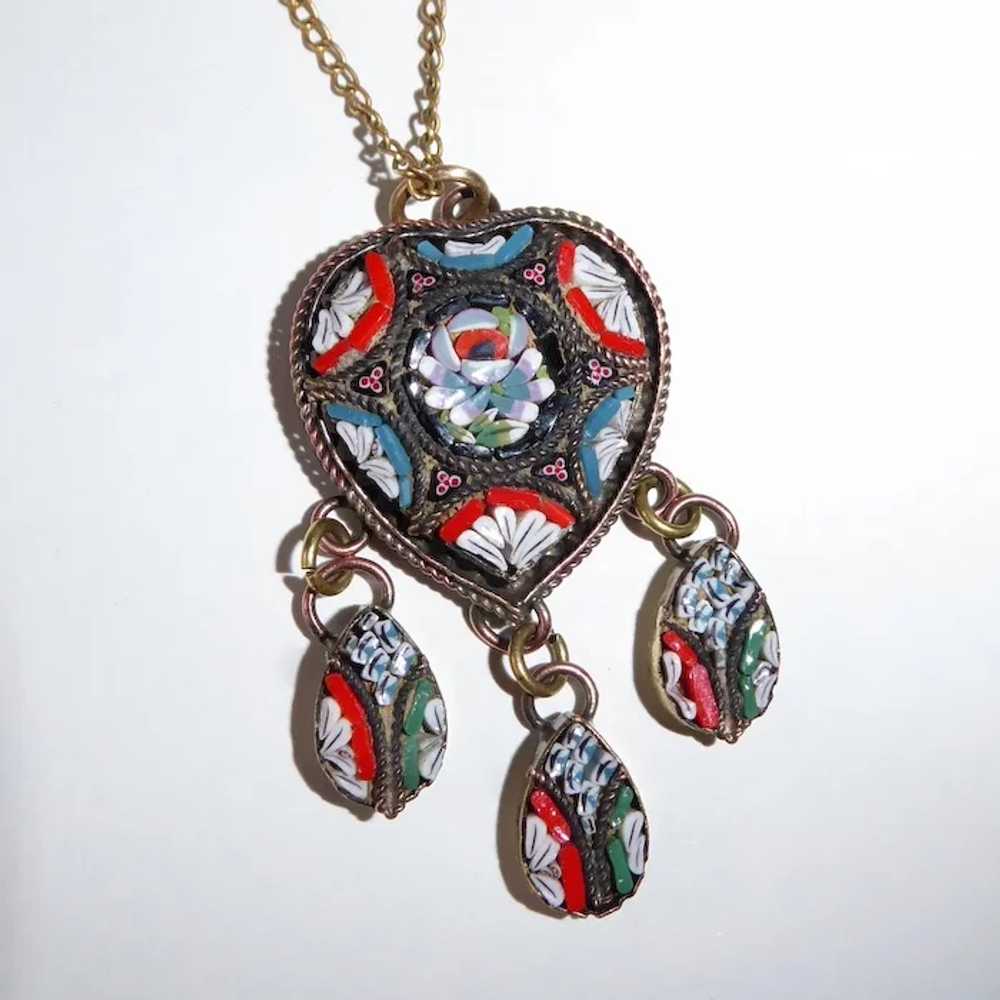 Italian Heart Mosaic Brass Pendant Necklace w 3 D… - image 2
