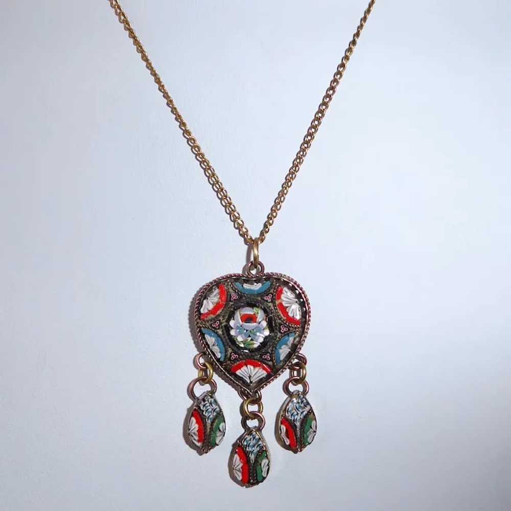 Italian Heart Mosaic Brass Pendant Necklace w 3 D… - image 3