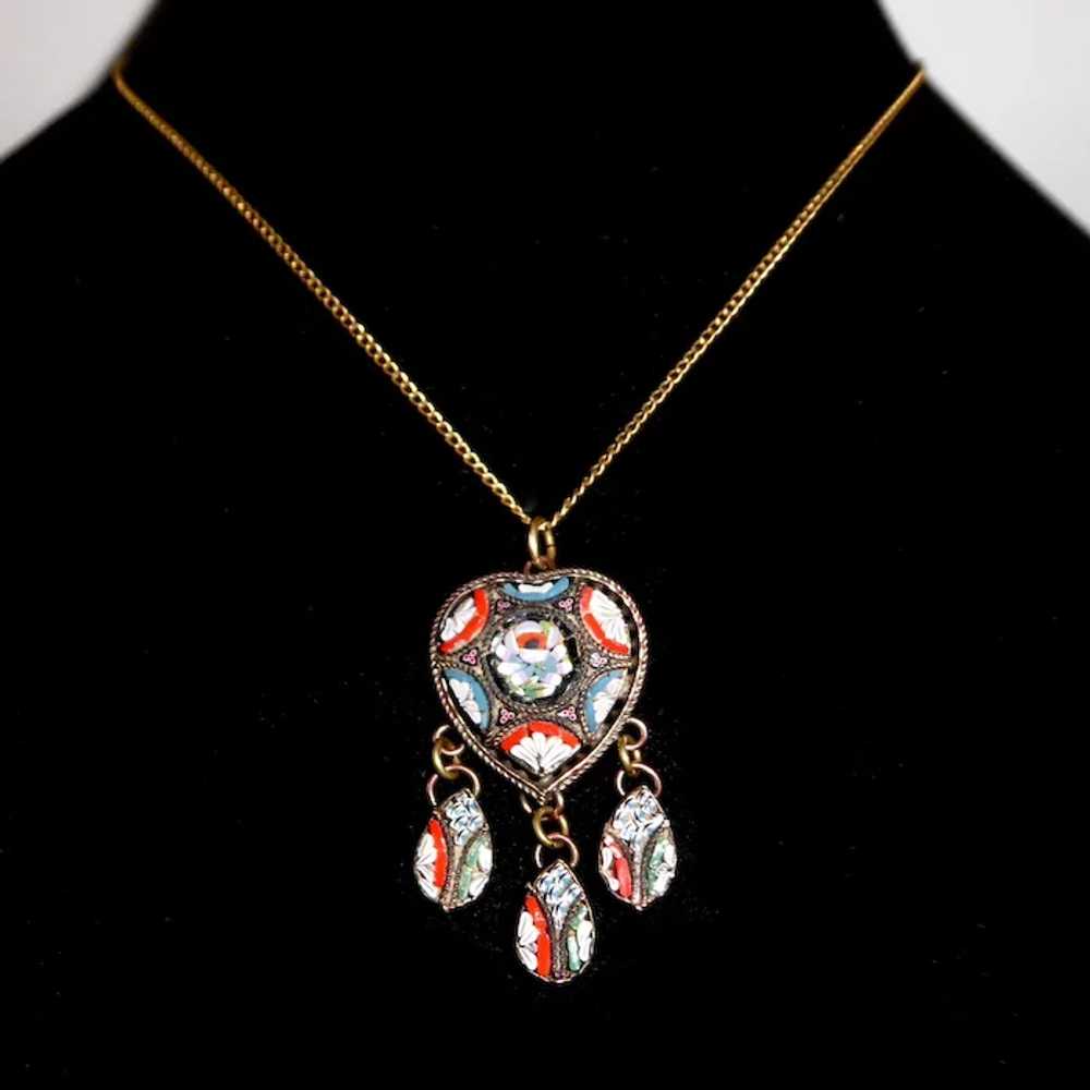 Italian Heart Mosaic Brass Pendant Necklace w 3 D… - image 4