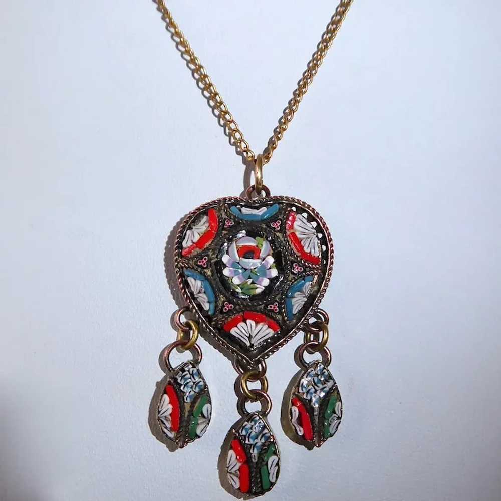 Italian Heart Mosaic Brass Pendant Necklace w 3 D… - image 7