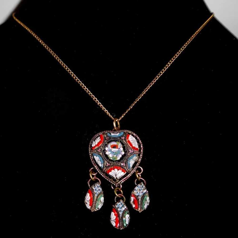 Italian Heart Mosaic Brass Pendant Necklace w 3 D… - image 8