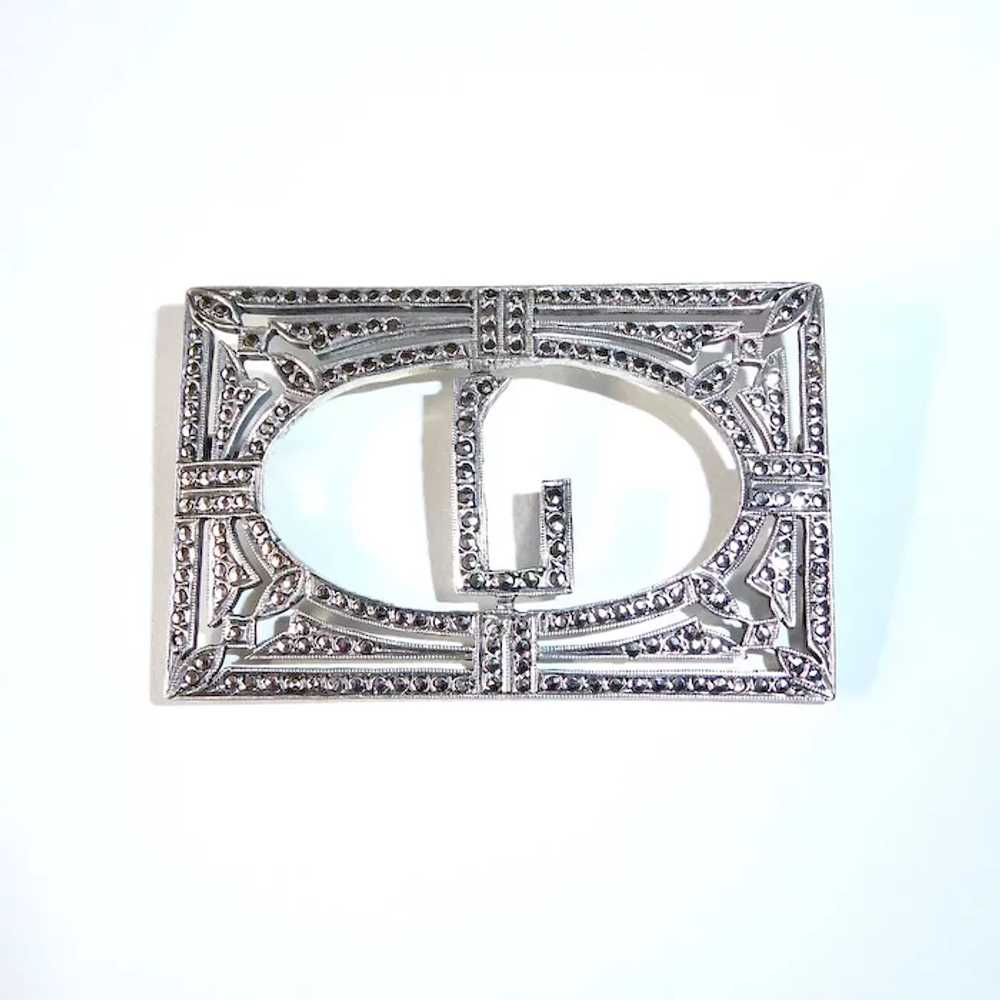 Art Deco Sterling & Marcasite Block Initial L Pin - image 2