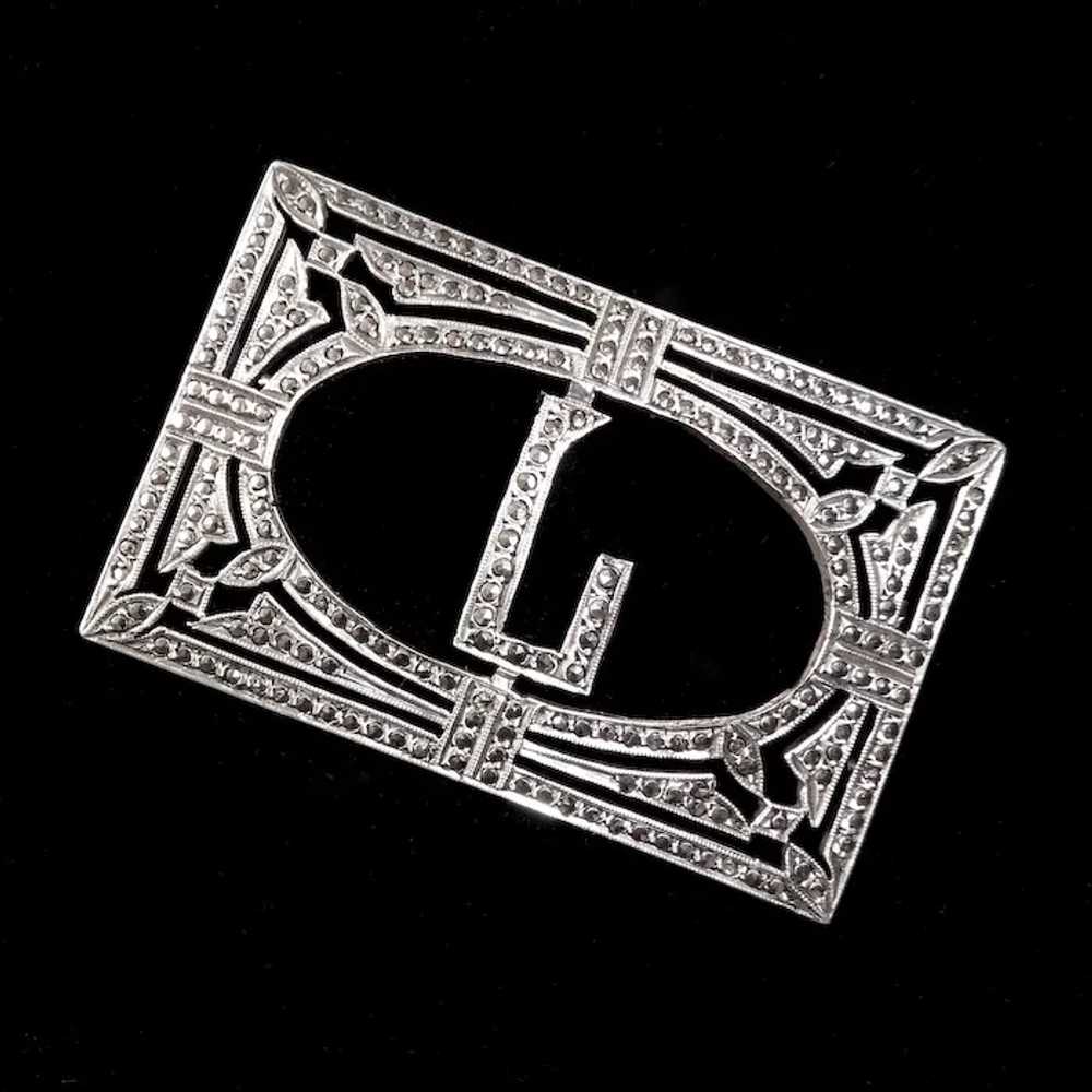 Art Deco Sterling & Marcasite Block Initial L Pin - image 3