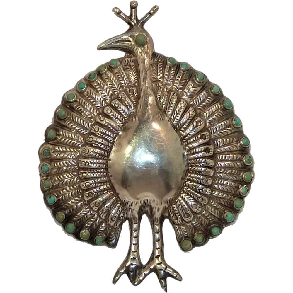 Peacock Turquoise Silver Repousse Mexican 1950s Gem 8266