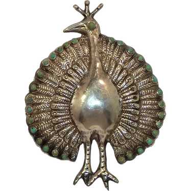 Peacock Turquoise Silver Repousse Mexican 1950s - image 1