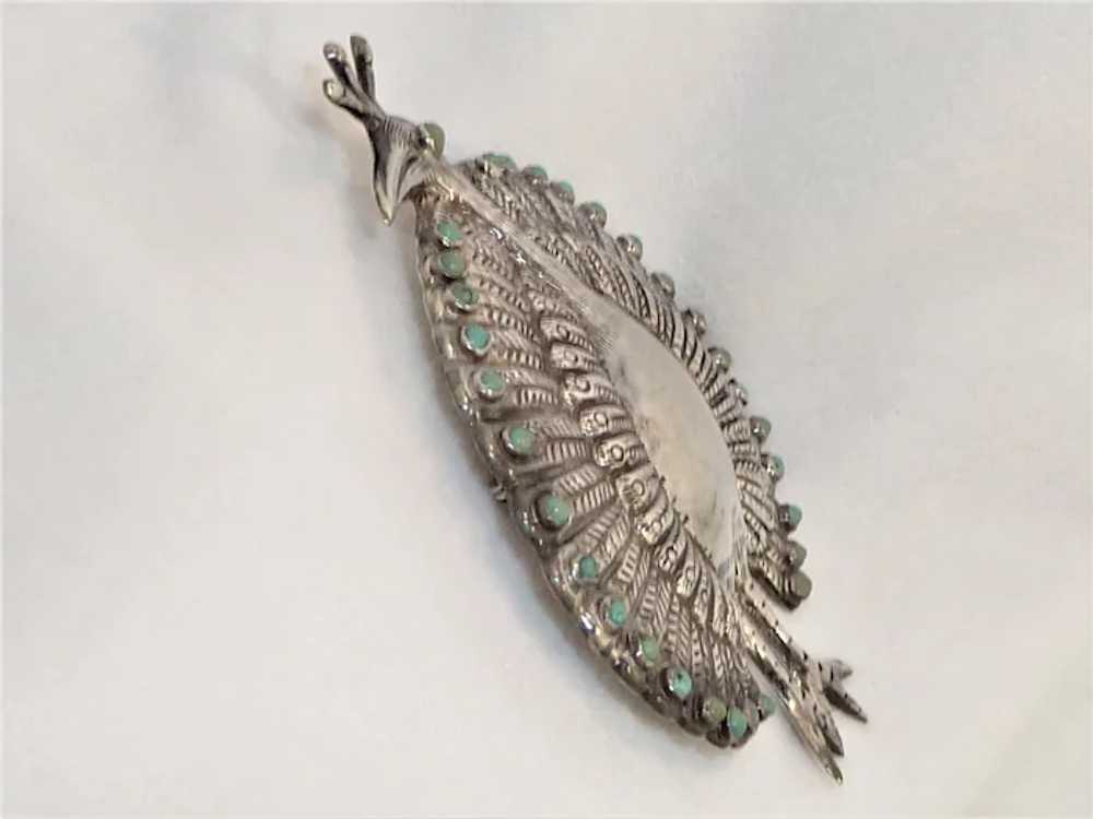 Peacock Turquoise Silver Repousse Mexican 1950s - image 4