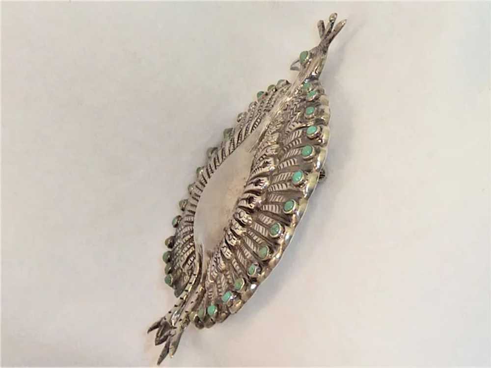 Peacock Turquoise Silver Repousse Mexican 1950s - image 5