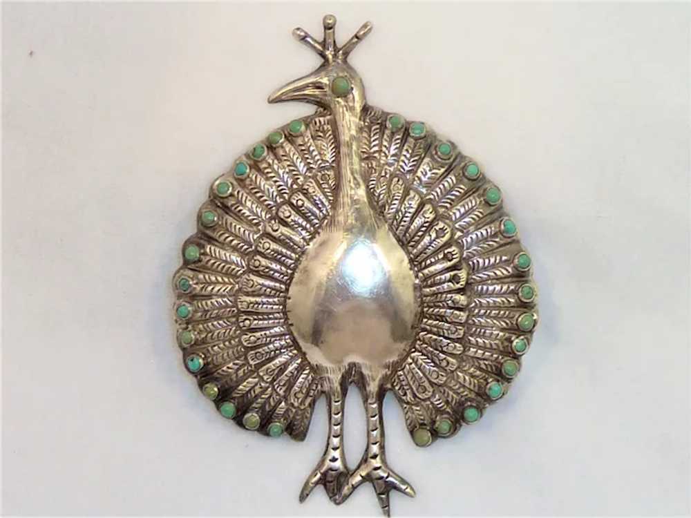 Peacock Turquoise Silver Repousse Mexican 1950s - image 8