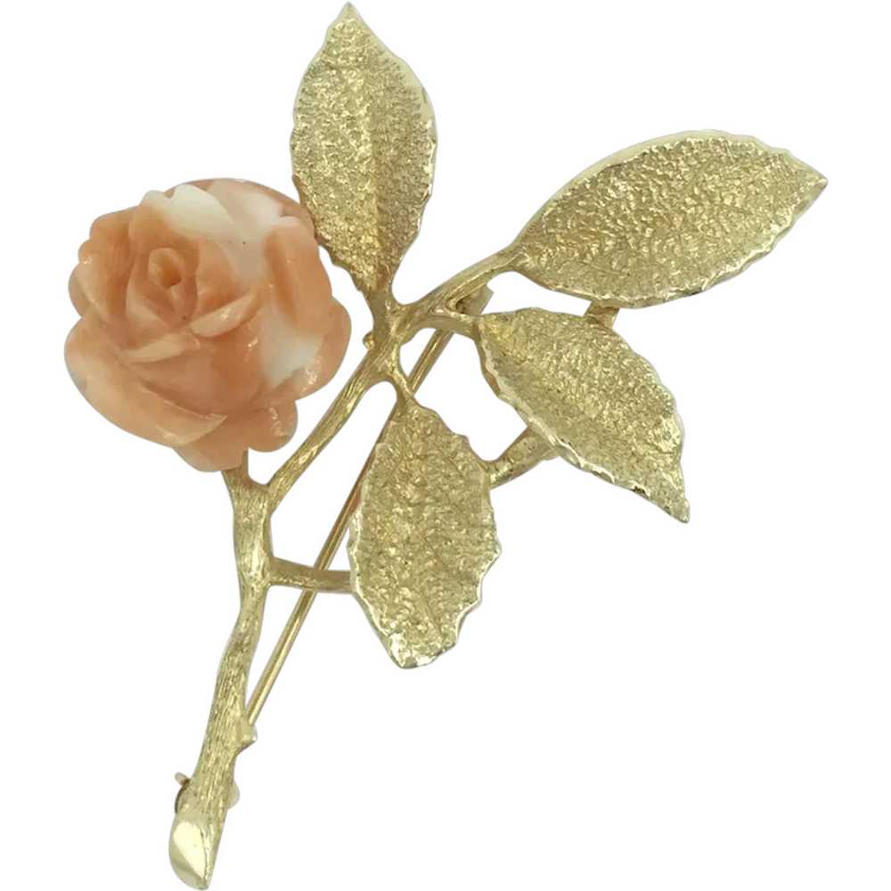14K Gold Coral Carved Rose 1960’s Flower Pin Broo… - image 1