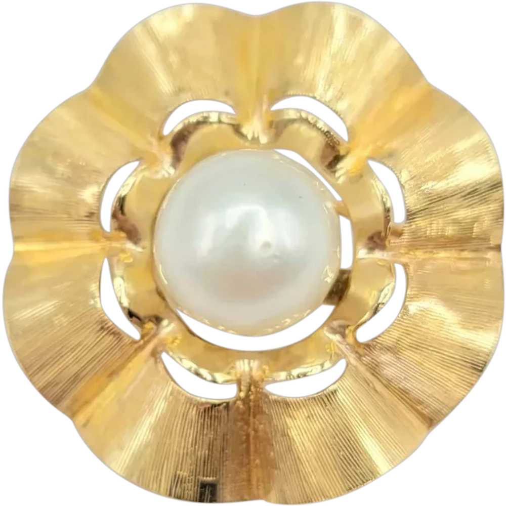 14k Yellow Gold Ruffled 11 MM Pearl Brooch, 7 Gra… - image 1