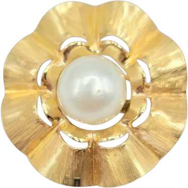 14k Yellow Gold Ruffled 11 MM Pearl Brooch, 7 Gra… - image 1