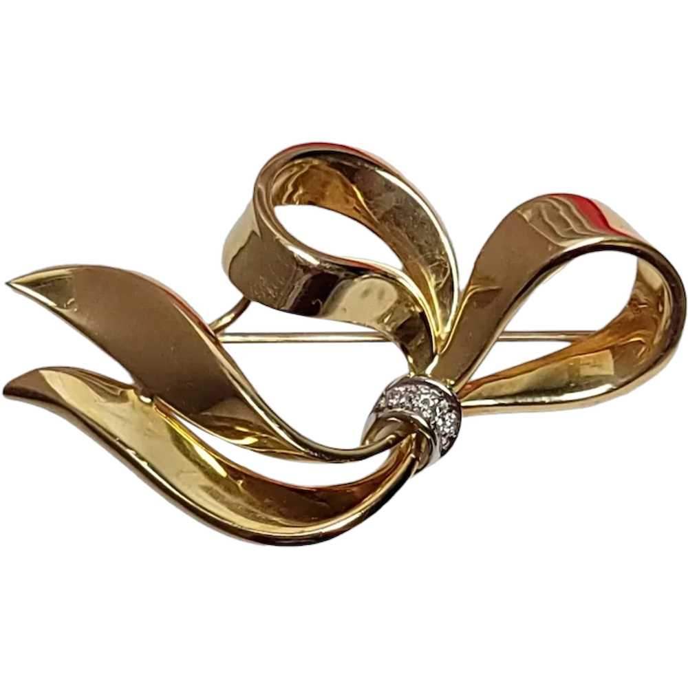 18k Yellow Gold Diamond Bow Brooch Pin Pendant, 9… - image 1