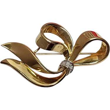 18k Yellow Gold Diamond Bow Brooch Pin Pendant, 9… - image 1