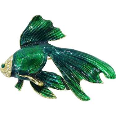 1980s Vintage Flying Fish Enamel Brooch with Rhinestones