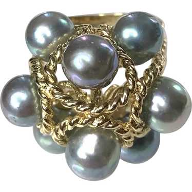 14K Yellow Gold Gray Pearl Cluster Ring - image 1