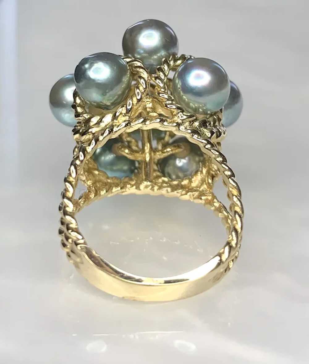 14K Yellow Gold Gray Pearl Cluster Ring - image 2