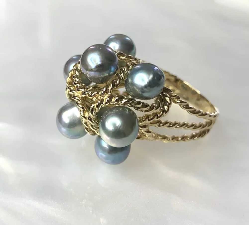 14K Yellow Gold Gray Pearl Cluster Ring - image 3