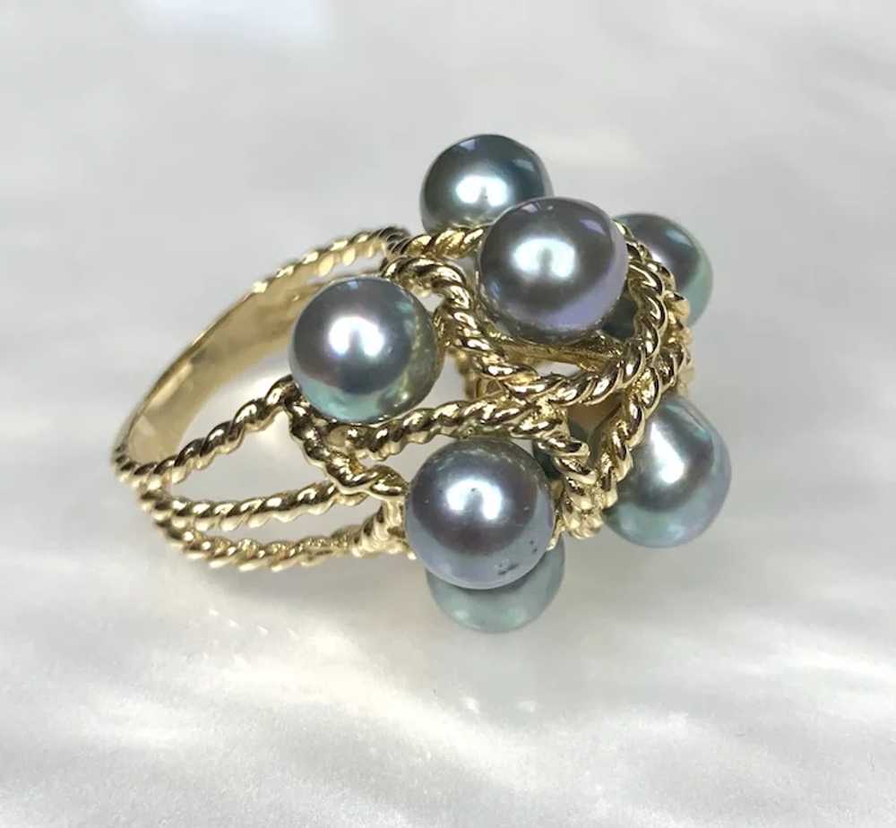 14K Yellow Gold Gray Pearl Cluster Ring - image 4