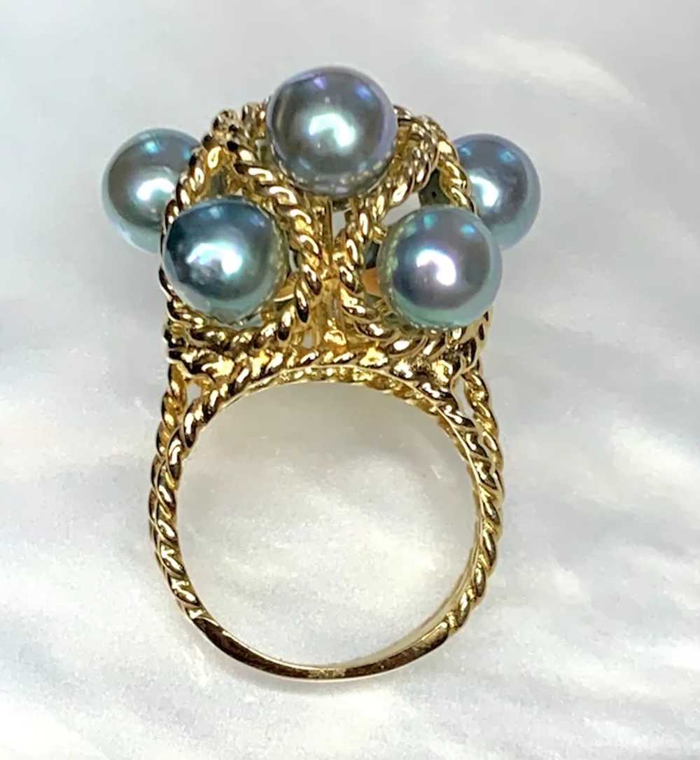14K Yellow Gold Gray Pearl Cluster Ring - image 5