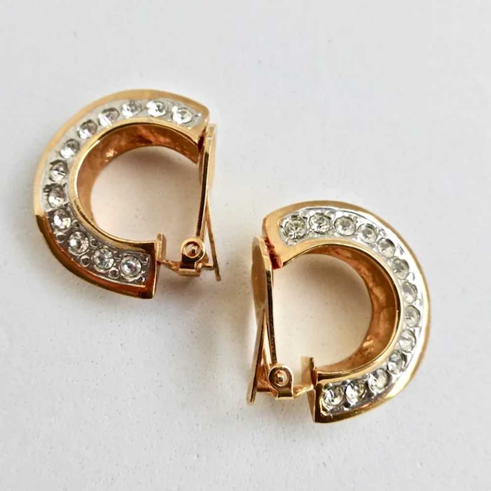 Gold Tone Half Hoops with Two Sided Crystal Rhine… - image 2