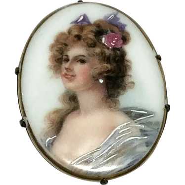 Antique Portrait Porcelain Painted Brooch Victori… - image 1