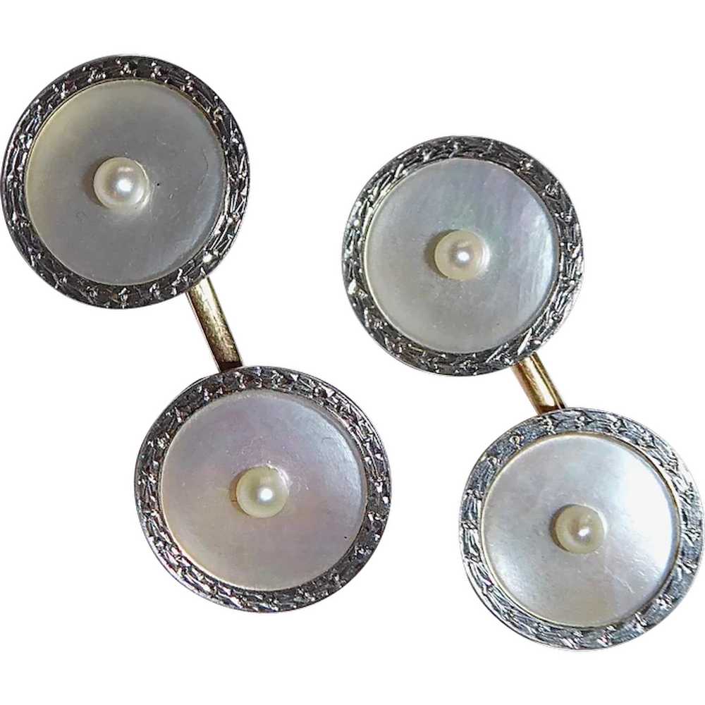 Art Deco 14k & Platinum Mother of Pearl Cufflinks - image 1