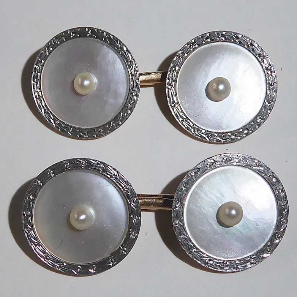 Art Deco 14k & Platinum Mother of Pearl Cufflinks - image 2