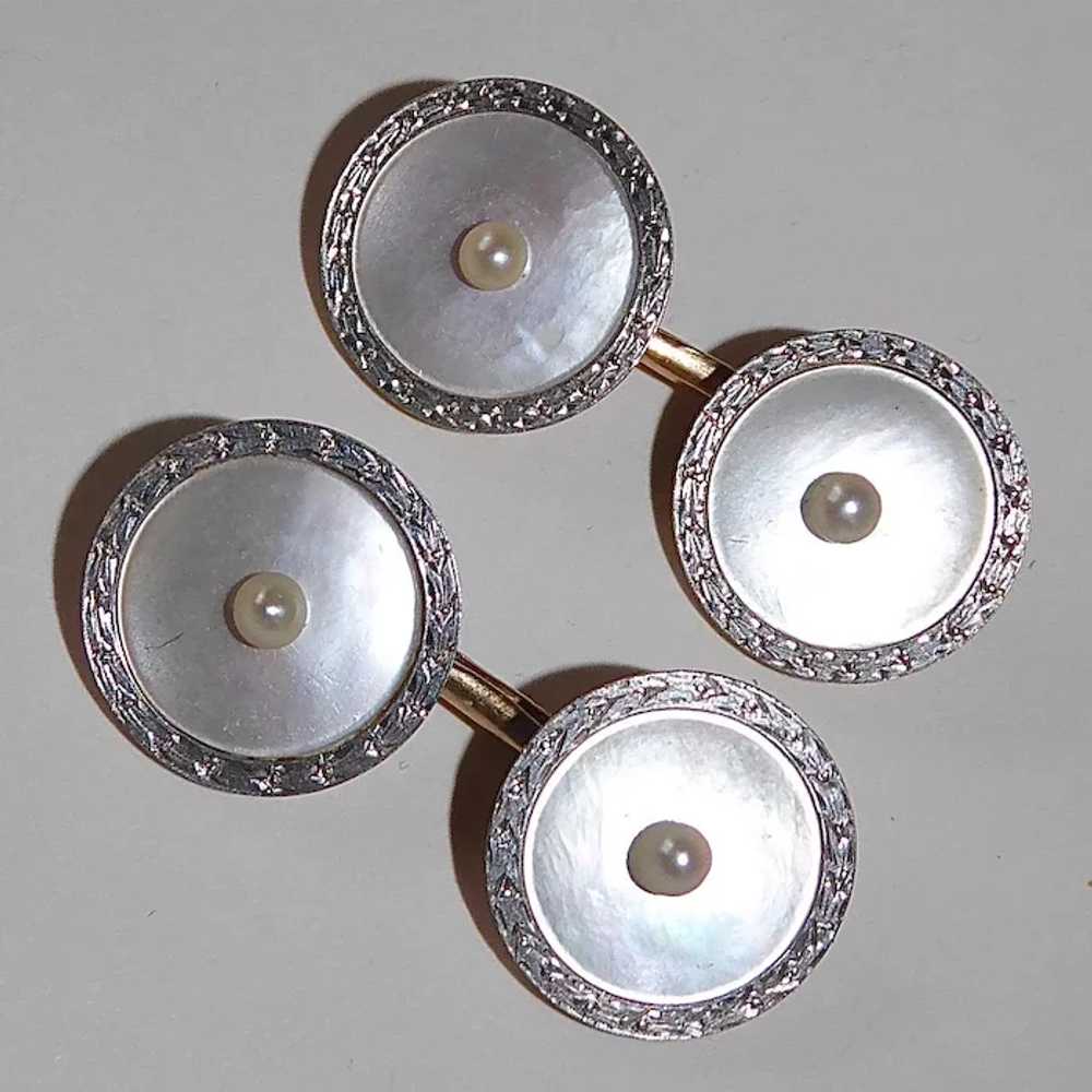 Art Deco 14k & Platinum Mother of Pearl Cufflinks - image 4