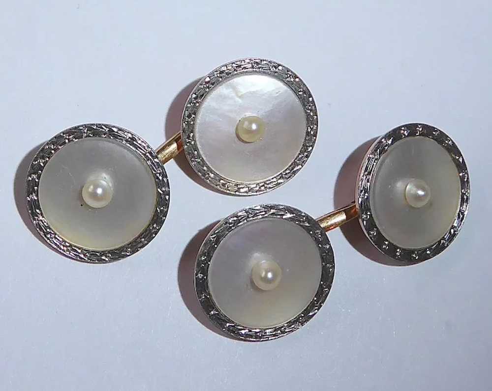 Art Deco 14k & Platinum Mother of Pearl Cufflinks - image 5