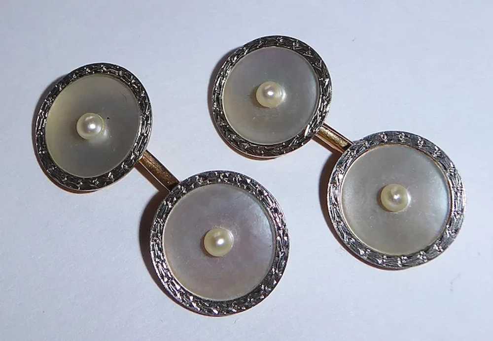 Art Deco 14k & Platinum Mother of Pearl Cufflinks - image 8