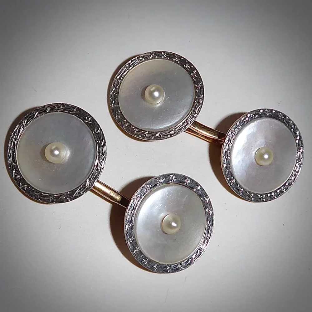 Art Deco 14k & Platinum Mother of Pearl Cufflinks - image 9